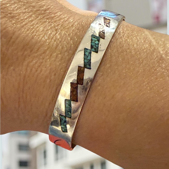 Sterling Silver Cuff with Turquoise and Brown Inlay